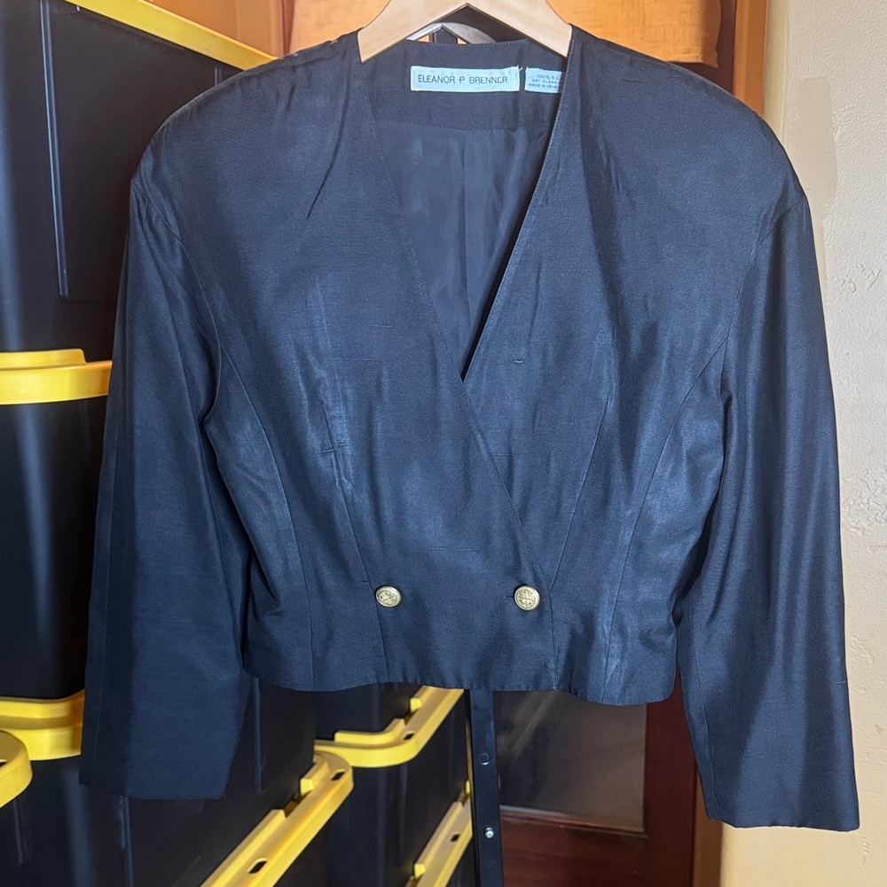 Vintage Eleanor P Brenner 100% Silk Black Double-Breasted Cropped Blazer Size 6 - Picture 2 of 9